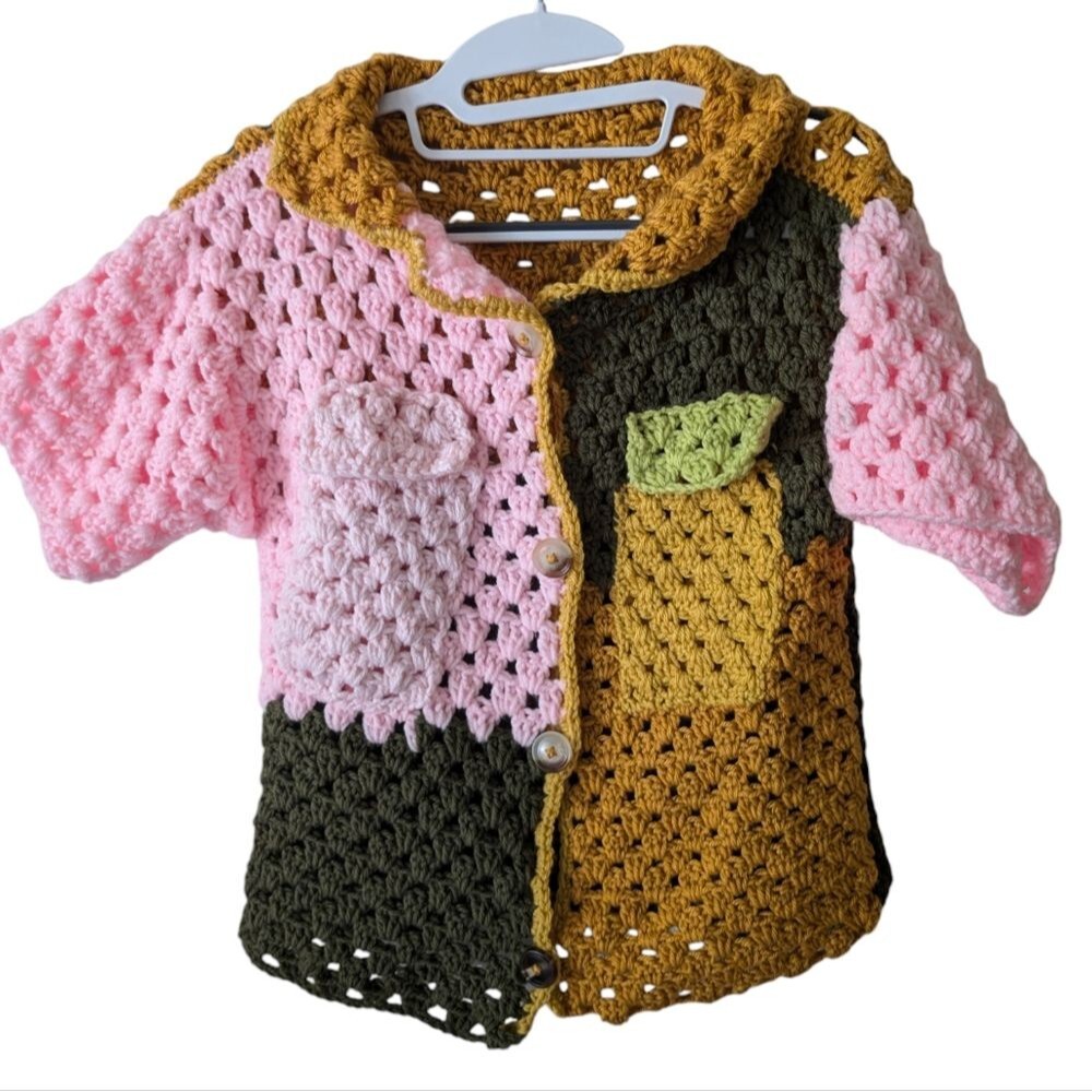 Handmade Crochet Patchwork Colorful Button Down Polo Size‎ Small/Medium